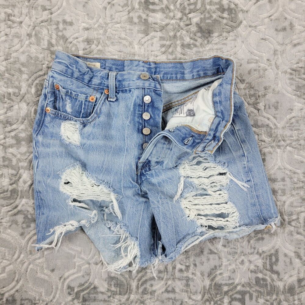 Levi's 501 Shorts Womens 26 Blue Premium Denim Button Fly Cut Off Distressed - Picture 4 of 12